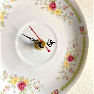 Plate Clock - Floral Vintage English Tea Saucer Clock - 6" w/ micro ornate hands